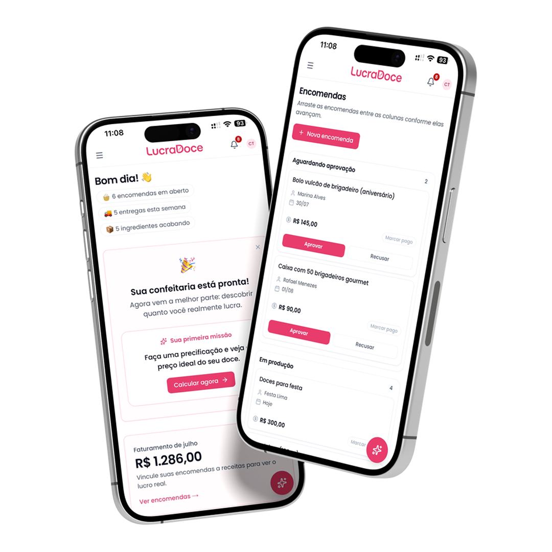 LucraDoce aberto no celular: dashboard e encomendas